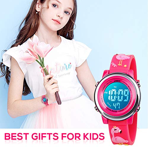 Bigmeda Kids Digital Watch, 3D Cartoon Sports Watch for 3-10 Year Boys Girls, Time Date Display, 7 Color Backlight, Stopwatch, Alarm Functions Kids Waterproof Wrist Watch (Flamingo)