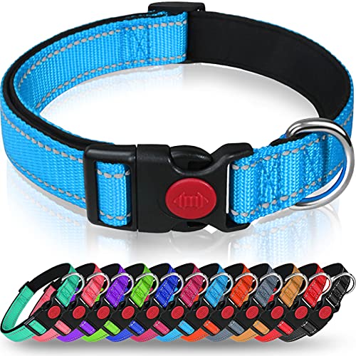 Taglory Reflective Nylon Dog Collar with Safety Buckle, Adjustable Pet Collars with Soft Neoprene Padding for Extra Large Dogs, Sky Blue