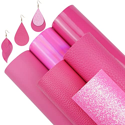 6 Pieces/Set 8x12 Inch (21cm x 30cm) A4 Bundle Leather Sheets Mixed Hot Pink Series Sparkle Fine Glitter Patent Holographic Litchi Faux Leather Fabric for Bow Earring Making DIY Craft