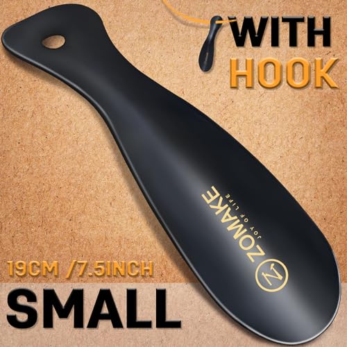 ZOMAKE Metal Shoe Horn - Small Shoehorn Lazy Shoe Helper,19cm Short Shoe Horns with Hook for Men Women The Elderly Kids (Black)