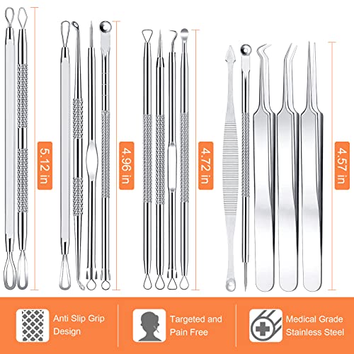 Blackhead Remover Tool Kit, IUMAKEVP 15 PCS Professional Stainless Steel Pimple Popper Comedone Extractor Tools for Removing Pimple, Blackheads, Zit on Face - Acne Removal Kit with Metal Case (Silver)