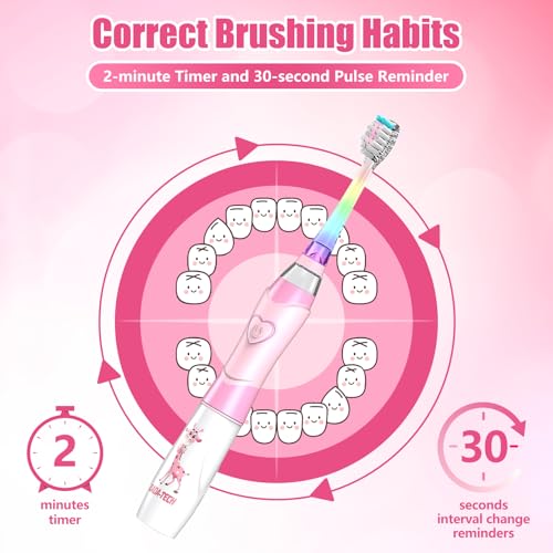 Dada-Tech Kids Electric Toothbrush, Sonic Childrens Battery Powered Soft Tooth Brush with Timer for Junior Boys and Girls Ages 2and, Rainbow Flashing LED Light, Waterproof, 4 Brush Heads (Pink)