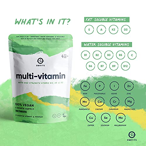 Vegan Multivitamins & Minerals - With High Strength Vitamin B12, D3, K2 & Iron - 180 Tablets in 100% Plastic-free Packaging - 6 Month Supply - Advanced Supplement for Men & Women - Palm Oil & GMO Free