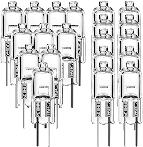 G4 Halogen Bulbs, 20 Pcs 12V 10W Halogen Light Bulbs 2 Pin Clear Capsule Lamp Bulb, Halogen-Pin-Base-Lamp Warm White Light Clear Capsule for Cooker Lighting, Signal Lights, Track Lighting (20 PCS)