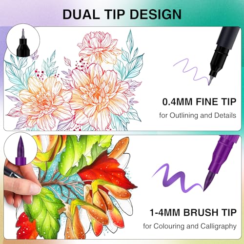 AKARUED Dual Tip Brush Pens: 24 Colouring Pens for Adults Colouring Book, Felt Tip Pens Art Markers for Kids Art Supplies Fineliner Tip Brush Marker for Calligraphy Drawing