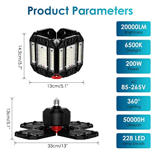 Rafow 200W LED Garage Light 2 Pack - 20000LM 6500K Deformable Ceiling Lighting Fixture with 12 Adjustable Panels - E26/E27 Bay Light for Garage   Basement   Shop   Workshop   Barn   Warehouse