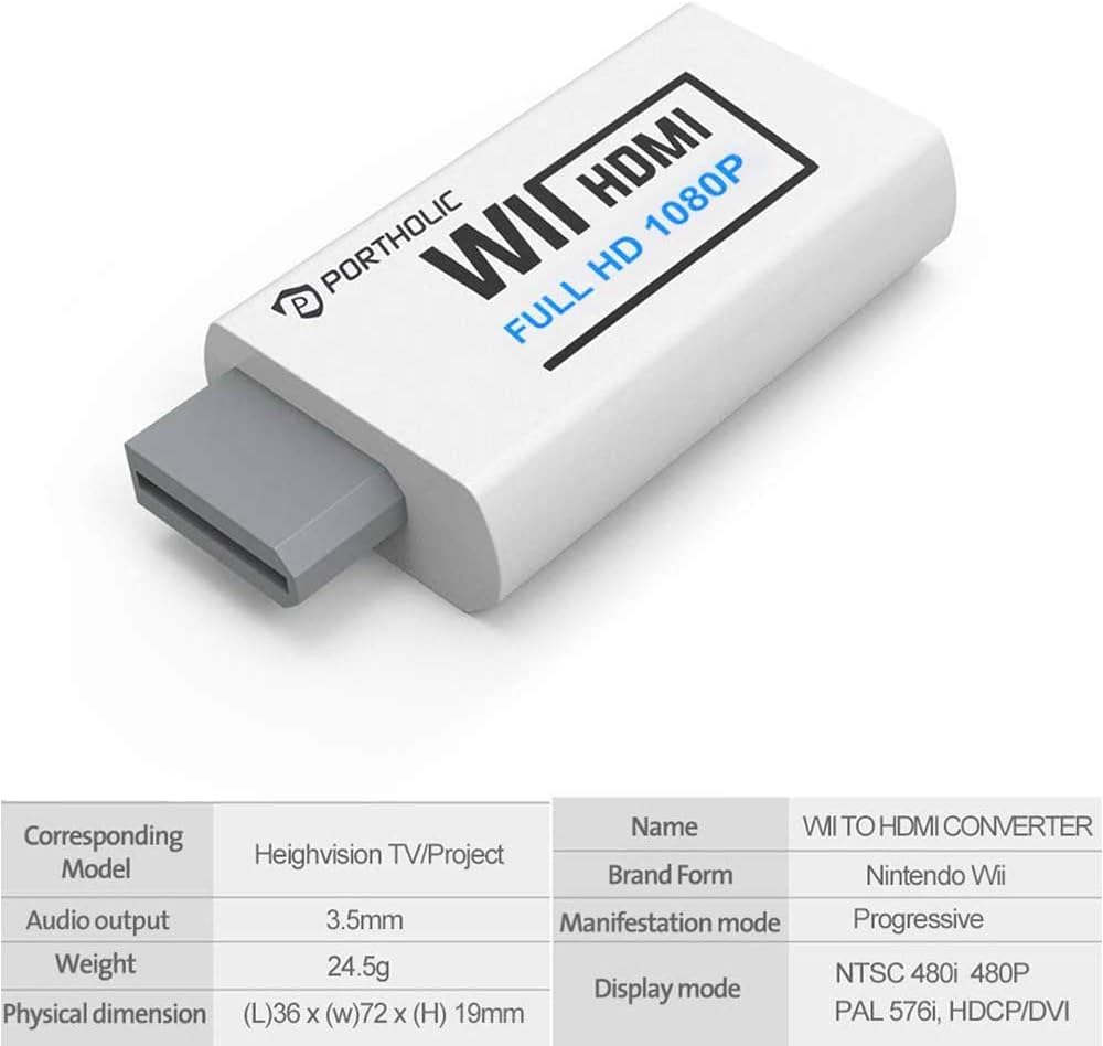 Wii to HDMI Adapter, PORTHOLIC 1080P/720p Wii HDMI Converter with 3ft HDMI Cable and 3,5mm Audio Video Output Jack Compatible for All Wii Display Modes