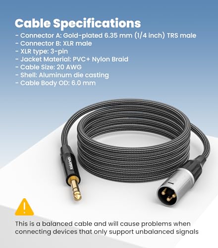 Tisino 6.35mm Jack to XLR Cable, Nylon Braid Quarter inch 1/4 inches TRS Stereo Jack to XLR Male Balanced Interconnect Cord Patch Lead - 2m