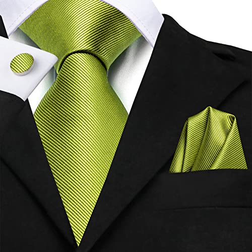 Hi-Tie Yellow Green Formal Solid Ties Lapel Pin Set Silk Woven Necktie Pocket Square Cufflinks Novelty Dress Tie Prom