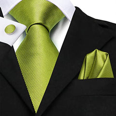 Hi-Tie Yellow Green Formal Solid Ties Lapel Pin Set Silk Woven Necktie Pocket Square Cufflinks Novelty Dress Tie Prom