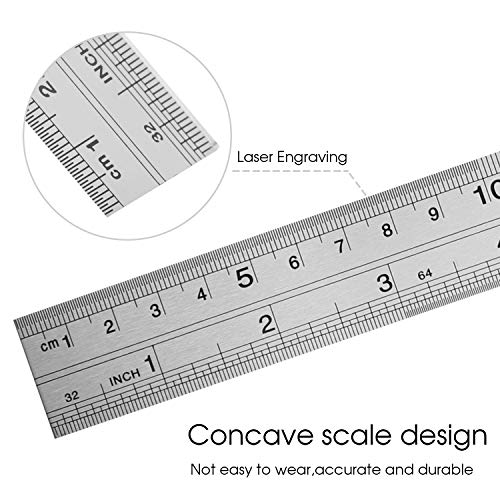 HIHUHEN Stainless Steel Ruler 15cmand20cmand30cm Office Ruler 3 Pieces Set Metal Rulers Kit for Engineering, Teaching (3 x Ruler)