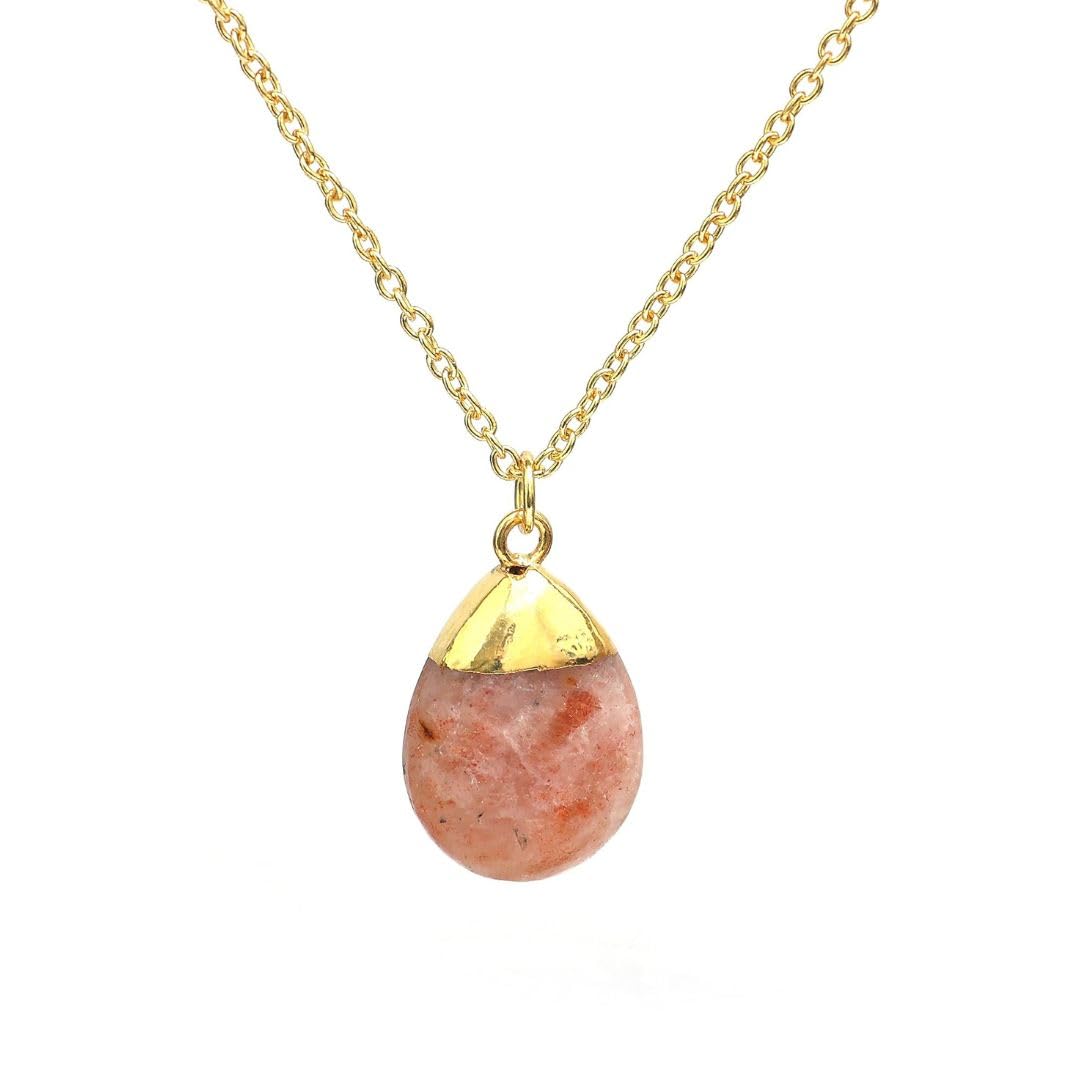 Gempires Sunstone Pear Necklace, Gold Electro Plated Crystal Pendant, 18 inch Adjustable 14K Gold Chain, Gem stone Jewelry for Women