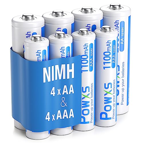 POWXS AA and AAA Rechargeable Batteries Set - 8 Pack Rechargeable Battery, High Capacity 2800mAh AA x 4 and 1100mAh AAA x 4 Ni-MH 1.2v Pre-Charged Batteries