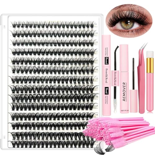 DIY Lash Extension Kit Individual Lashes Kit for Beginner at Home with 280 PCS 9-16mm Length 40D Curl Lash Clusters Lash Bond and Seal Glue Remover Tweezers Lash Applicator Tool