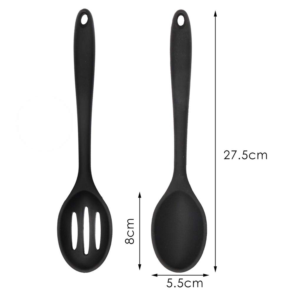 kuou 2 Pcs Large Silicone Cooking Spoon, Black Slotted Spoons Nonstick Kitchen Spoon Heat-Resistant Cooking Spoons for Stirring, Scooping and Mixing