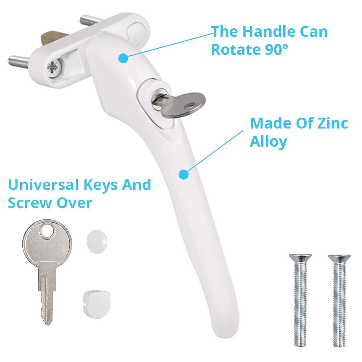 UPVC Window Handle WODSTA 2PCS Lockable Window Handle Aluminum White Universal Espag Handles with Key with 43mm Spindle Length for Indoor and Outdoor UPVC Window