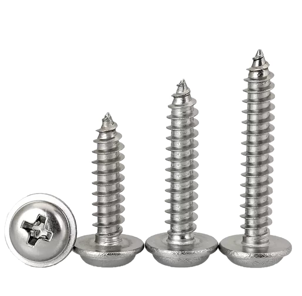 FandWay Phillips Pan Head With Washer Self-Tapping Screws, M3 x 8/10/12/16/20mm,304 Stainless Steel Wafer Head Tapper Screws, Truss Head Screws,Wood Screws Assortment Set (25-Pieces/each)