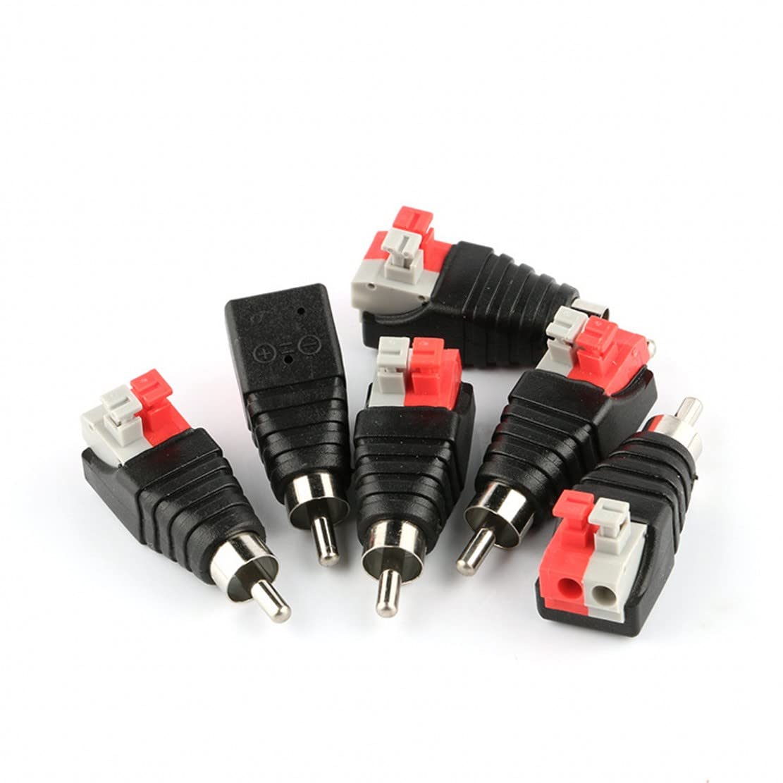 JZK 10 Pcs RCA to Speaker Wire Adapter, Subwoofer Speaker Phono RCA Male to AV 2 Screw Terminal Female, Video Audio Spring Press Type Balun for CCTV