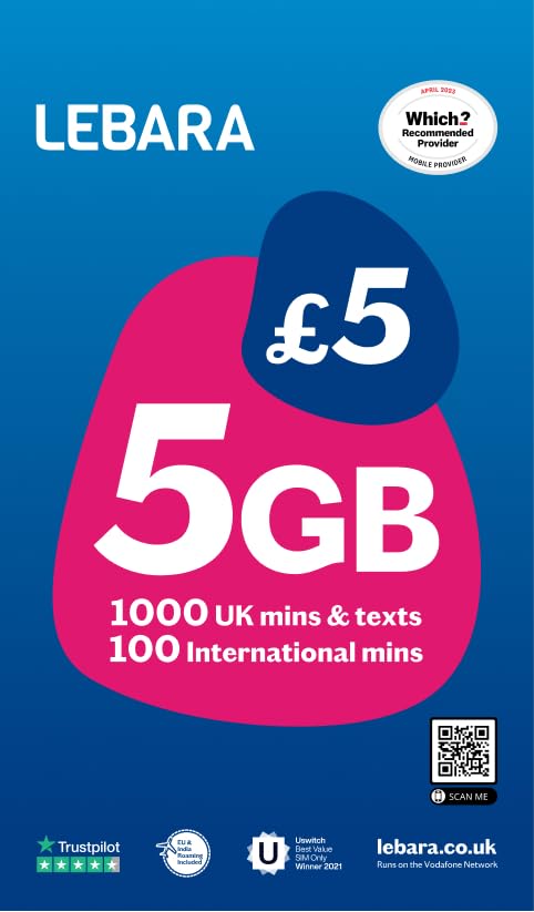 Lebara UK SIM Card, 5GB for £5, Half Price for First 3 Months, No Contract, UK Calls, UK Texts and International Calls Included, Multi-size (Nano/Micro/Standard), Fits All Devices (2GB)