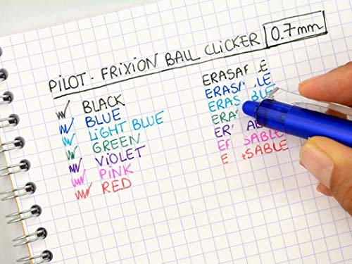 PILOT FriXion Clicker 0.7 - Pack of 5 - Colours Blue/Black/Pink/Light Blue/Purple - Erasable Refillable Gel Rollerball Pen with Retractable Mechanism and Thermosensitive Ink, Medium Tip