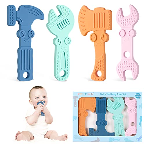 TYRY.HU Teething Toys for Baby Training Baby Toothbrush teether Chew Toy BPA Free Silicone Cooling Tools Shape Baby Teether Relief Gifts for Newborn 4pcs(B)