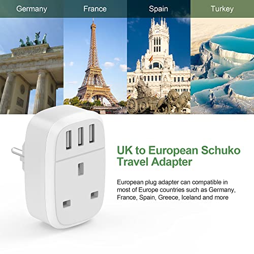 UK to European Adapter Plug with 3 USB Ports, EU Schuko Travel Euro Europe Grounded Charger for Germany France Spain Turkey Russia Iceland Greece Poland Portugal Austria Netherlands(Type E/F)