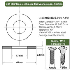 M12 Washers, M12 x 40mm Metal Flat Penny Washers Thickness 2.5mm- A2 304 Stainless Steel Washers (5 Pack),AMLOOPH Large OD Plain Wide Metal Washers, Round Flat Spacer Repair Washer For Screws Bolts