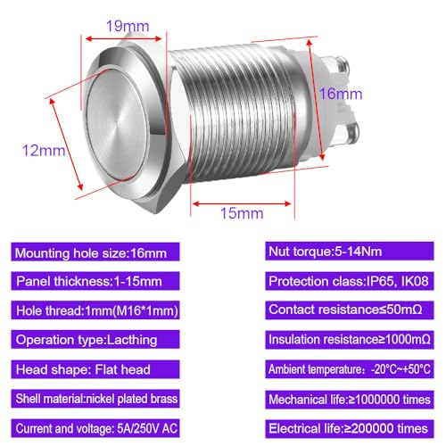 Gebildet 2pcs 16mm 12V/24V/125V/250V/5A Latching Push Button Switch with 2 Screw Terminals Stainless Steel Metal Waterproof Button(Flat Head)