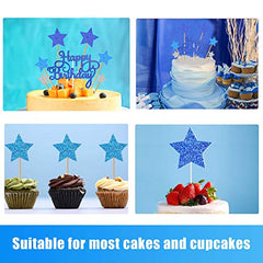 VAINECHAY Birthday Cake Decorations Happy Birthday Cake Toppers for Boy Men Girl Women Kids Blue Star Cupcake Decoration Baby Shower Party Silver