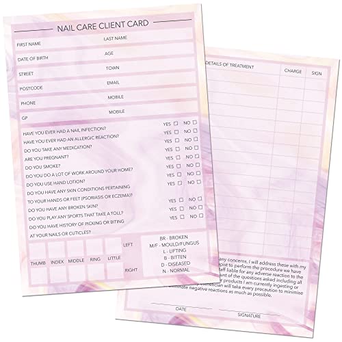 Nail Care Client Cards A6 Size - Salon and Therapist Customer Consultation Record - Treatment Services Essentials - Profile and Recording Forms - Beauty Stationery - 105x148mm - Pack of 100