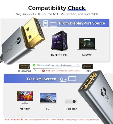 WARRKY 4K DisplayPort to HDMI Adapter, Display Port to HDMI Port, [1440P@60Hz, 1080P@120Hz] No-Latch Uni-Direction DP Computer to HDMI Monitor Converter, Compatible with Lenovo, Dell, HP, Asus, etc