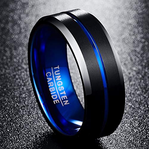 NUNCAD Tungsten Carbide Wedding Ring 8mm Black & Blue Line Brushed Finish Comfort Fit Size T