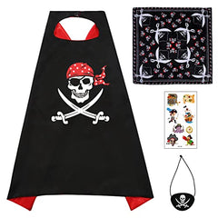 Landifor 4pcs Halloween Pirate Costume Set Pirate Captain Cape Skull Paisley Bandana Pirate Eye Patches with Temporary Tattoo for Kid Halloween Pirate Birthday Theme Dress Up Pretend Play