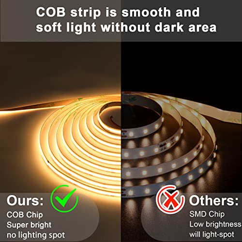 COB LED Strip 5M, Warm White 2700K LED Strip Light DC24V, 480LEDs/M, CRI 90and Super Bright Uniform Dotless LED Tape Lights for Cabinet Kitchen Home DIY Indoor Lighting Projects (No Power Supply)