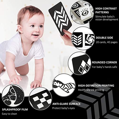 beiens Newborn Essentials Sensory Toys Cards, Black and White Brain Development Toys, Visual Stimulation Learning Activity Cards for 0-12 Months, 40 Pages 5.5'' x 5.5'' Baby Toys Gifts