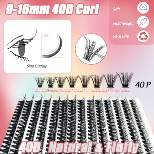 DIY Lash Extension Kit with 280 PCS 9-16mm Length 40D Curl Individual Lashes Clusters and Lash Bond and Seal Glue Remover Eyeliner Mascara Tweezers Lash Applicator Beginner Set