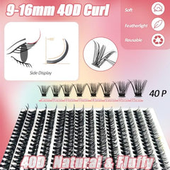 DIY Lash Extension Kit Individual Lashes Kit for Beginner at Home with 280 PCS 9-16mm Length 40D Curl Lash Clusters Lash Bond and Seal Glue Remover Tweezers Lash Applicator Tool