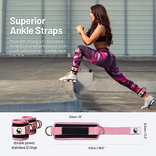 Slim Panda 1 Pair Ankle Straps for Cable Machines for Kickbacks, Glute, Leg, Curls, and Hip for Men and Women Gym Cable Machine Attachment, with Double D-Rings (Pink)