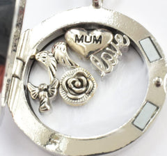 MUM In Memory Keyring. Real White Feather Inside Floating Locket Key Chain, Round Silver Colour Handbag Charm, Trinket. Angel, Wing, Rose, Love Charms. Sympathy gift