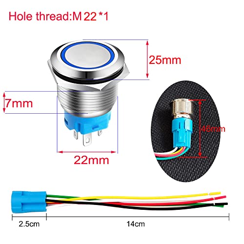 Gebildet 0.87 Inch/22mm Stainless Steel Momentary Push Button 230V AC 3A LED 1NO1NC SPDT ON Off Waterproof with Wire Socket Plug (Blue LED)