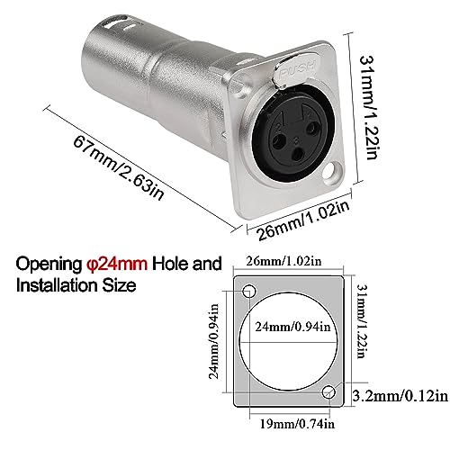 QIANRENON XLR Female to Male Panel Mount Microphone Connector 3 Pin XLR Jack to Plug Mounting Adapter Coupler XLR Feedthrough Mount Socket, for Microphone Mixer Audio Device, Silver