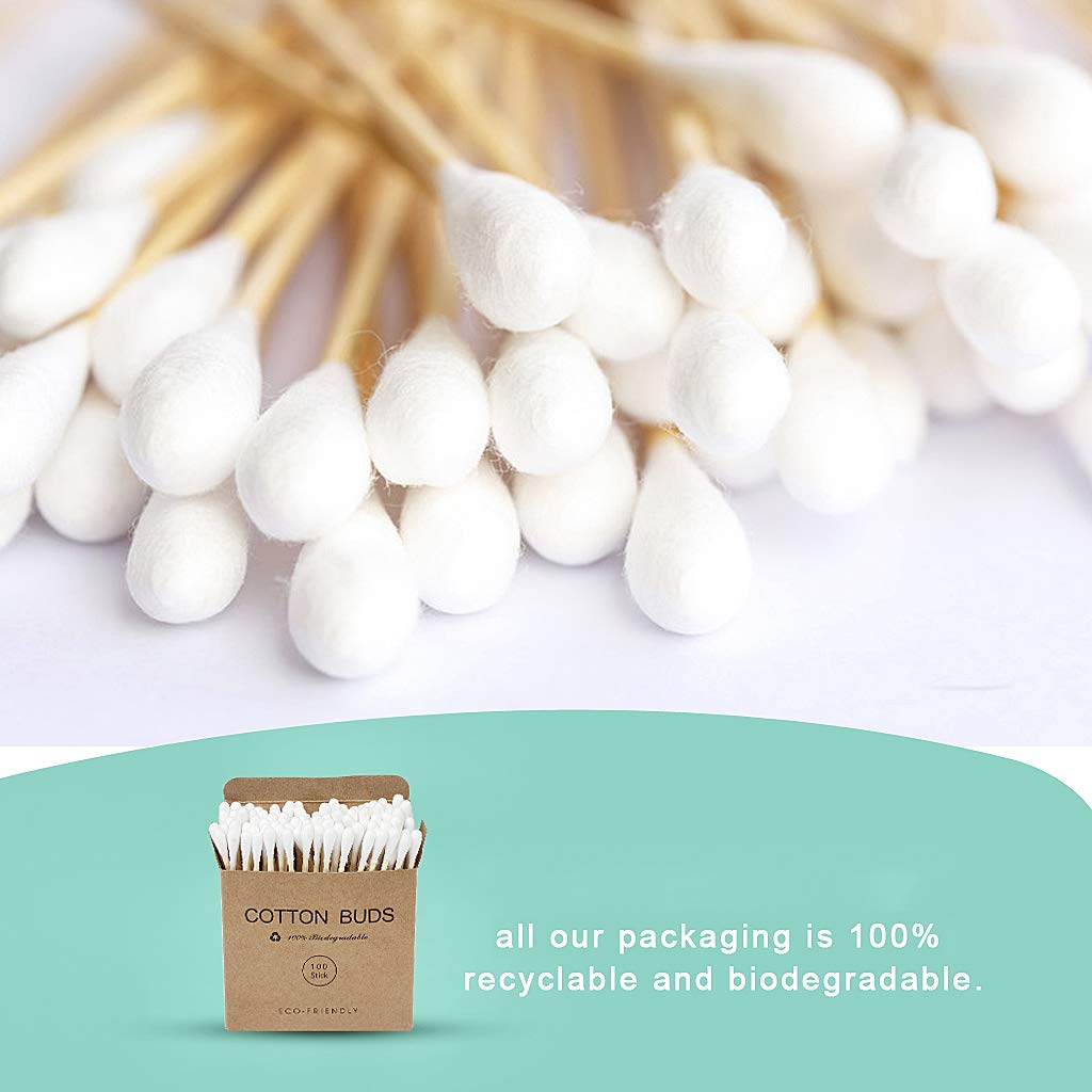 SWKJ Bamboo Cotton Buds, 200 PCS (2 x 100) Eco-Friendly Cotton Ear Buds Swabs with Bamboo Handle - Recyclable and Biodegradable Cotton Swabs for Cleaning Ear Makeup Wound