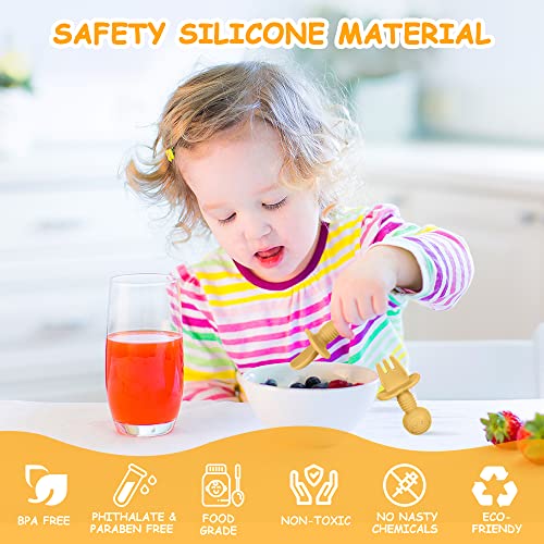 Vicloon Baby Fork and Spoon Set, 4Pcs Silicone Self Feeding Utensil Easy Grip Toddler Cutlery Kit, Infant Toddler Children First Led Training Weaning, Baby Weaning and Feeding Spoons(Apricot-Yellow)