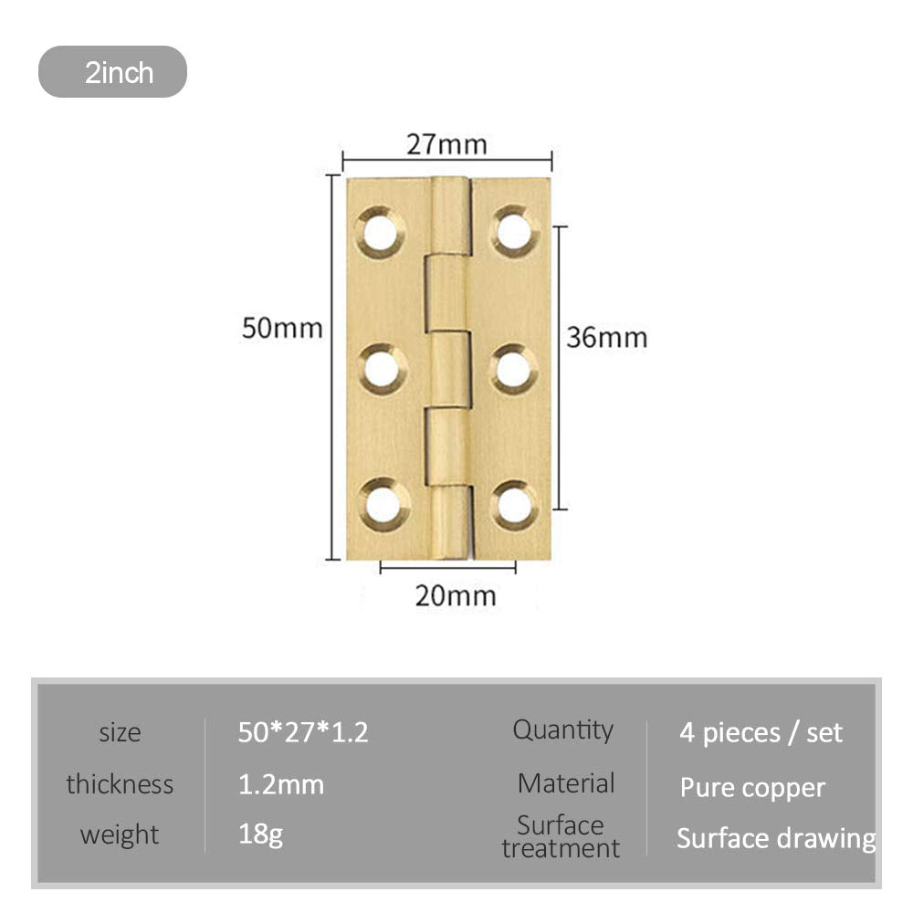 YOFASEN Copper Small Hinges Door Hinges - Brass Folding Butt Hinges Furniture Cabinet Butt Hinges with Hinge Fixing Screws, Gold, 2 Inch(50x27x1.2mm) - 4pcs