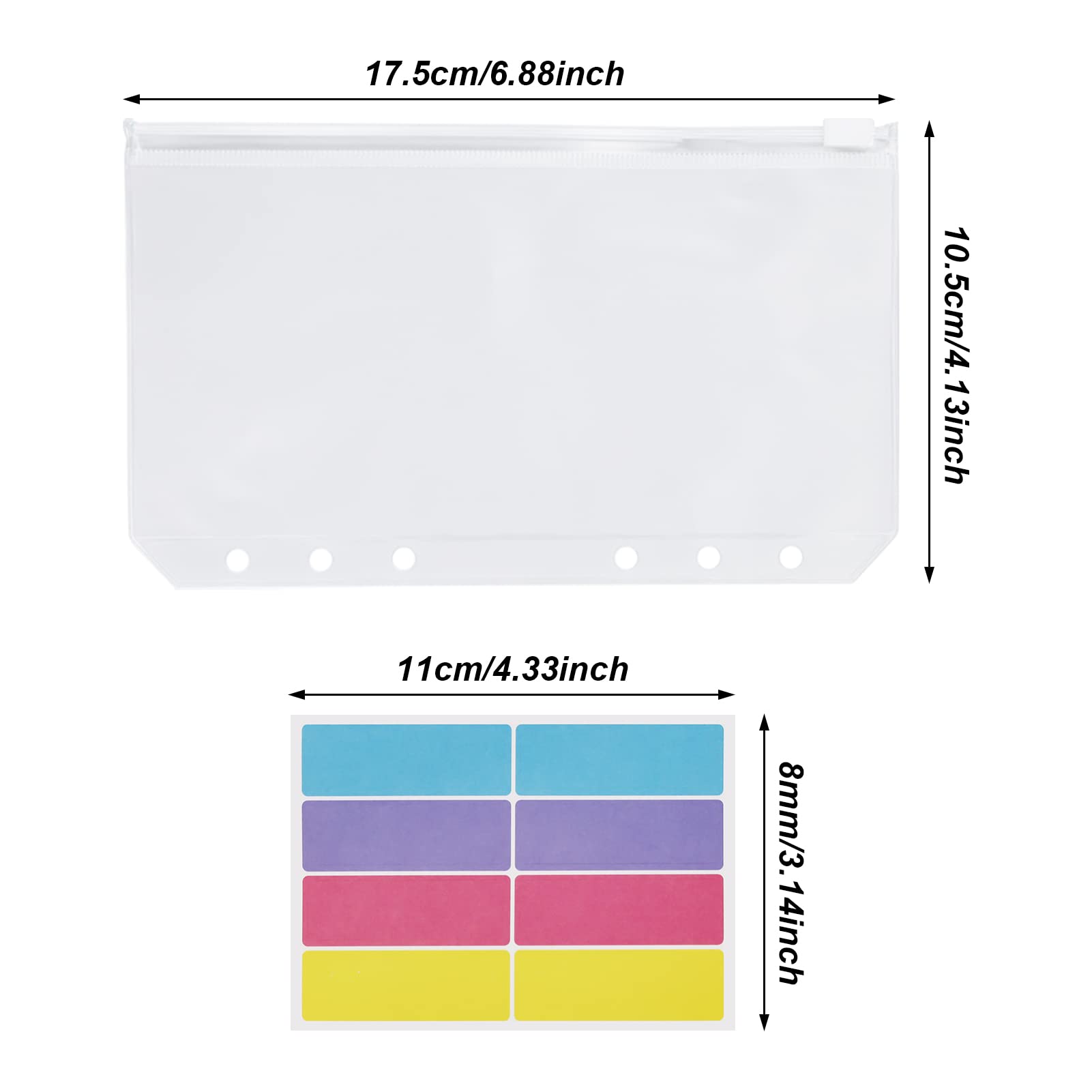 12 Pcs Cash Envelopes, A6 Binder Pockets 6 Holes PVC Zipper Folders Waterproof Zipper Loose Leaf Bags with Label Stickers for Bill Money Cash Cards