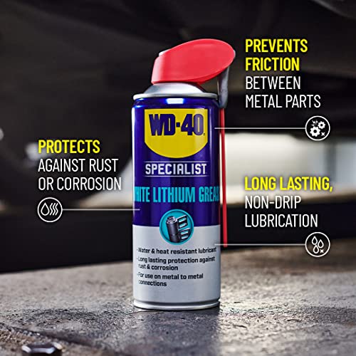 WD-40 Specialist White Lithium Grease Spray 400ml - All-Weather Protection for Heavy-Duty Metal-to-Metal Applications with Smart Straw Applicator