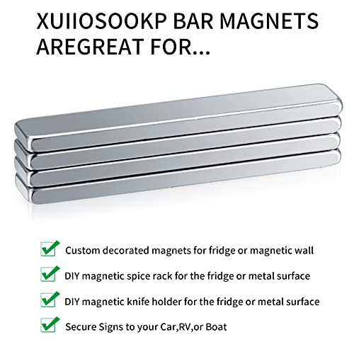 Strong Magnets, 4 Pcs Bar Magnets Strong, Neodymium Bar Magnets, Strong Powerful Rectangular Rare Earth Magnets Strips with Double-Sided Adhesive for Crafts, Fridge, Science - 50x10x3mm