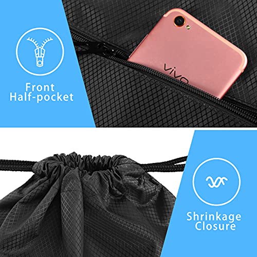 Fuyamp Drawstring Gym Bag, Black Drawstring Bags Waterproof Gym Bag,Sport Sack PE Bag, Swimming Bags Drawstring Scratch Resistant Bag for Men Women Large with Outside Zipper