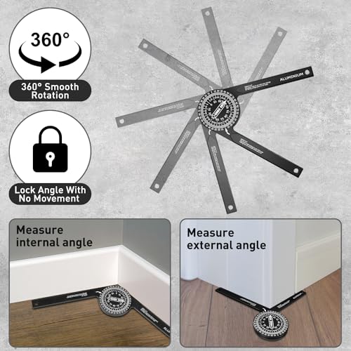 Gohelper Miter Saw Protractor Angle Finder Tool, 7 Inch Aluminum Metal Professional Mitre Protractor, Miter Gauge for Inside Outside Corner, Skirting Woodworking, Crown Molding, Carpenter, Plumber