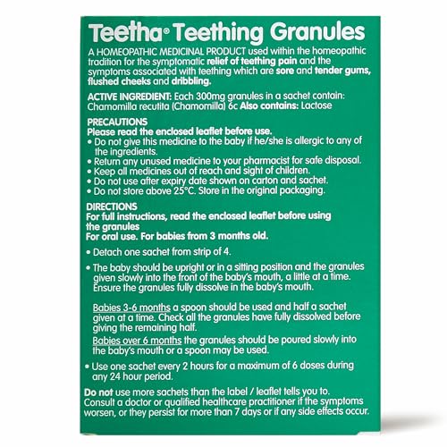 Teetha Baby Teething Granules, 24 Sachets, 3and Months, 6c Chamomilla, Homeopathic Relief for Soothing & Calming Teething Symptoms, System-Booster for Babies & Toddlers